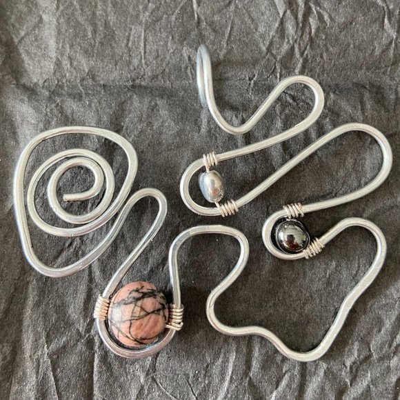 Artisan Hammered Stainless Steel Swirl Pendant with Rhodonite and Hematite Beads - Picture 3 of 8